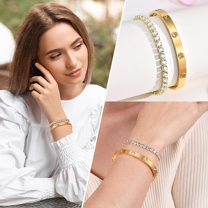 MPRAINBOW Gold Bracelets for Women, 2Pcs 18K Gold Plated Cubic Zirconia Bangle Crystal Friendship Bracelet Jewelry,Wedding Party Christmas Birthday Gifts for Her Girlfriend Sister Daughter