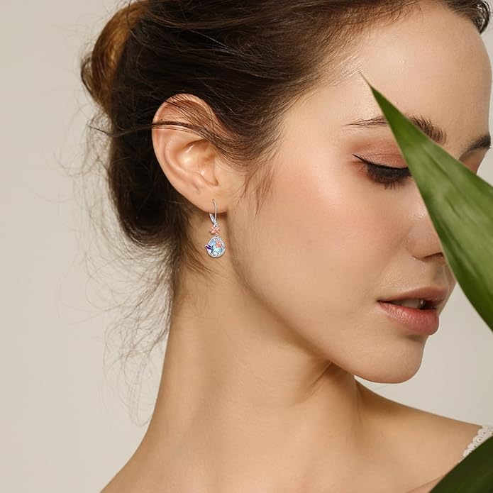 AOBOCO Butterfly/Dragonfly/Bee/Ladybug Leverback Earrings 925 Sterling Silver Rose Lotus Tulip Flower Filigree Dangle Earrings Teardrop Moonstone Larimar Turquoise Abalone Shell Jewelry Birthday Gifts for Women
