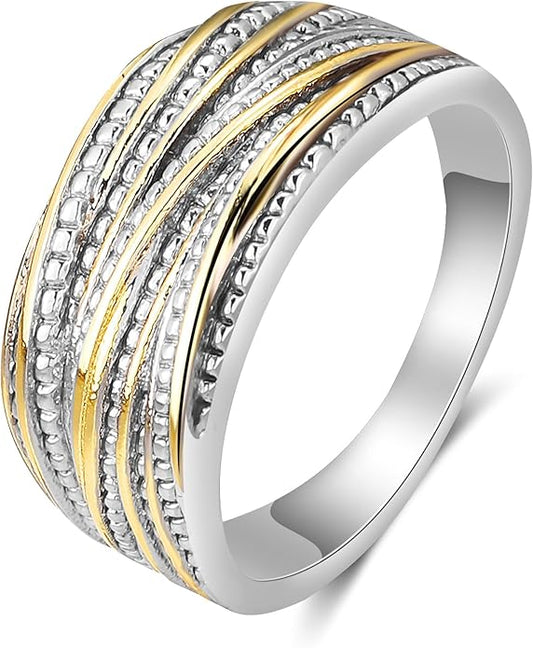 2 Tone 14K Gold & Silver Plated Ring, Wide Intertwined Crossover Statement Chunky Gold Rings Vintage Fashion Band Rings for Women Designer Jewelry Gifts