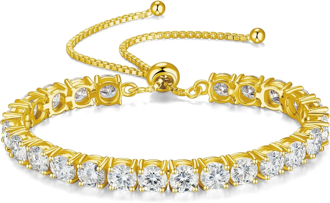 FANCIME Gold Moissanite Tennis Bracelet 1.2ct-12ct Lab Created Moissanite Diamond Bracelets,925 Sterling Silver Adjustable Bolo Tennis Bracelets, 2/3/4/5mm D Color VVS1 Round Cut Moissanite Bracelet for Women