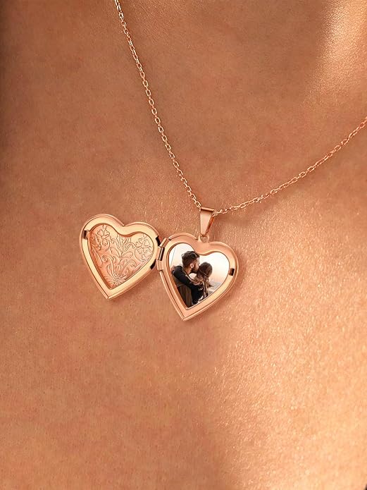 U7 Women Locket Necklace Platinum 14K Gold Photo Lockets that Hold Picture,Chain 20 Inch Personalized Gift Custom Love Heart Image Necklaces