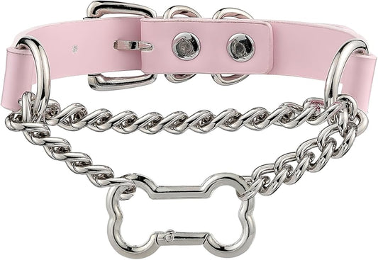 Black/Pink Leather Choker Collar For Women, Handmade Gothic Slip Chain Necklace with Bone Clasp