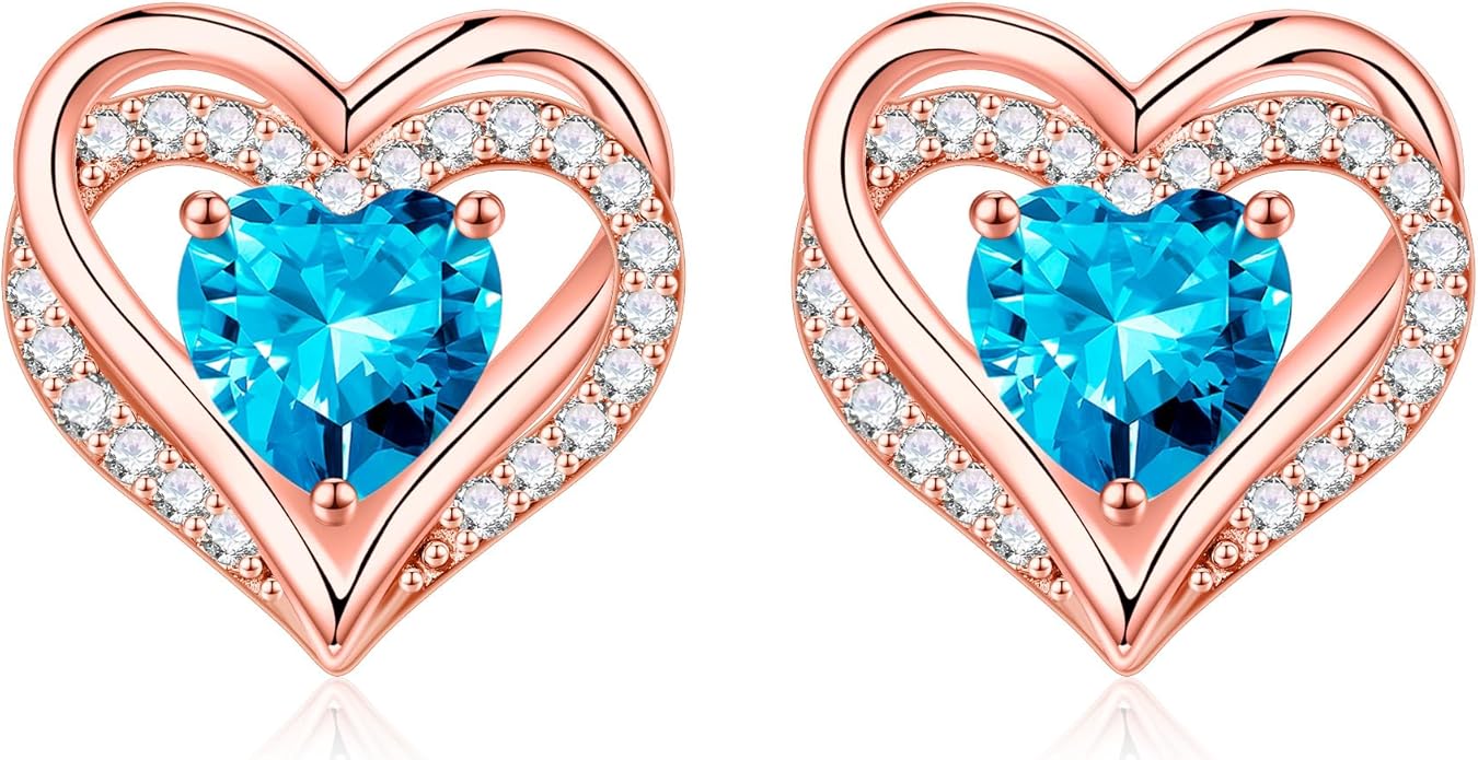 Iefil Birthstone Earrings for Women, 925 Sterling Silver Heart Stud Earrings Birthday Gifts for Women