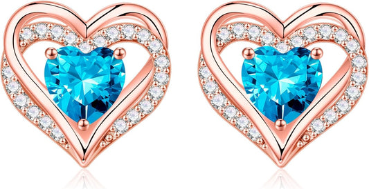 Iefil Birthstone Earrings for Women, 925 Sterling Silver Heart Stud Earrings Birthday Gifts for Women