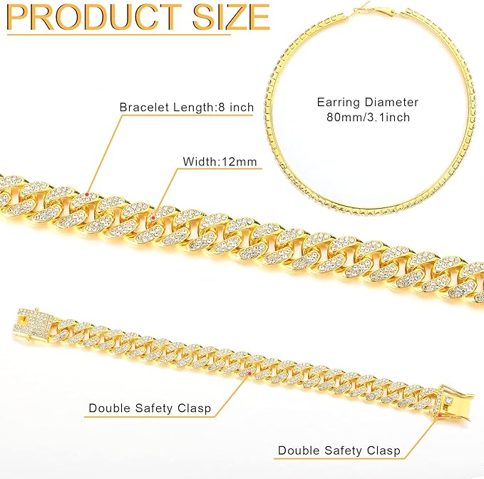 Batiyeer 3 Pcs Cuban Link Chain Necklace Bracelet Rhinestone Hoop Earrings Bling Crystal Hip Hop Jewelry for Women(20 Inch,Gold)
