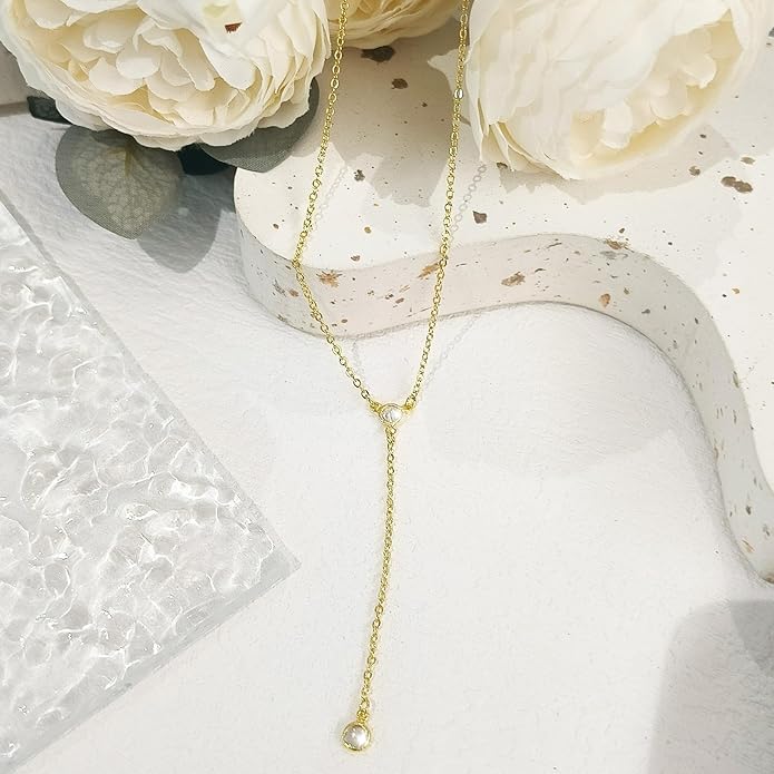 Zeffy Lariat Gold Necklace for Women, Dainty Long Necklace 14k Gold/Silver Plated Layered CZ Beaded Bar Chain Y-Shaped Body Chain Stack Drop Wedding Necklace Trendy Simple Gold Jewelry Gifts