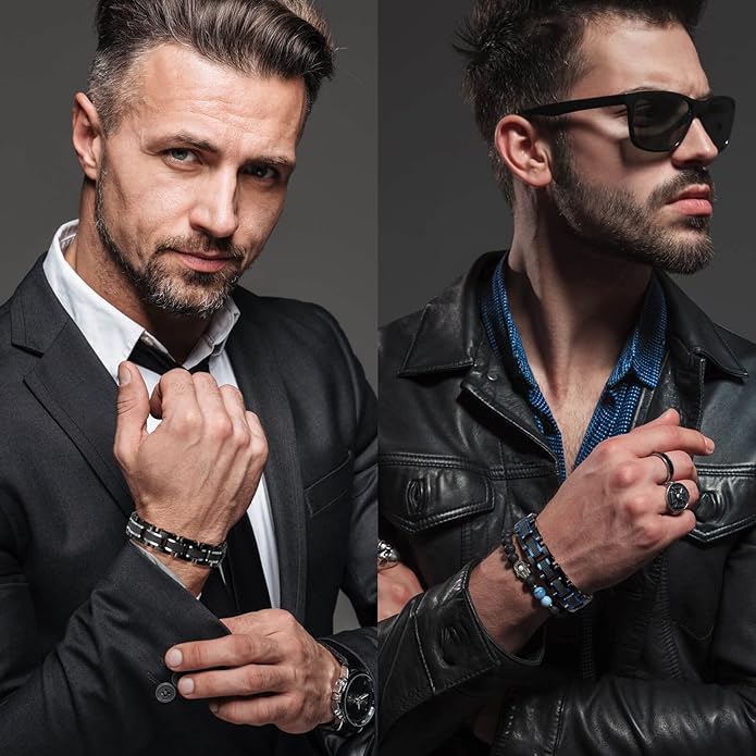 Holizaly Men's Stainless Steel Two Tone Square Link Bracelet, Black and Blue Ion Plated Black