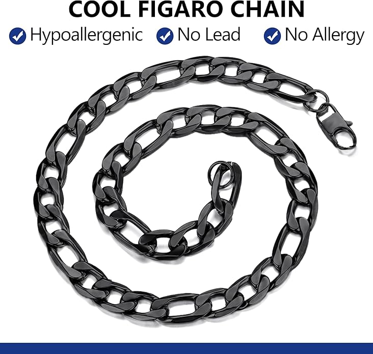 PROSTEEL 316L Stainless Steel Figaro Cuban Chain Necklace for Men, Black/18K Real Gold Plated, 4/5/6/7.5/9/10/13mm, 14inch-30inch, Come with Box
