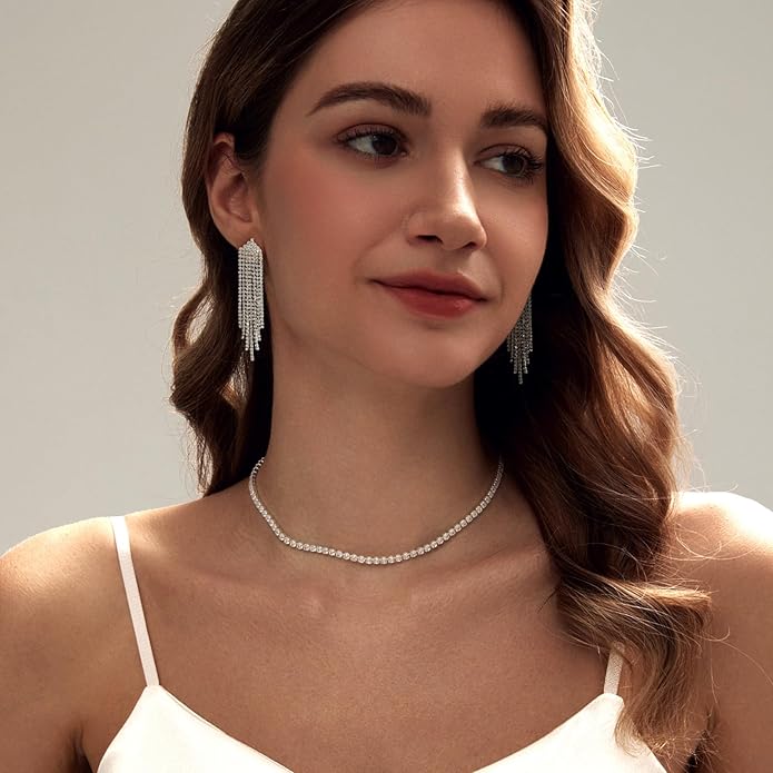 Tennis Necklace Bracelet for Women, Sterling Sliver, Dainty Chocker Necklace, Crystal Bracelet for Women, Wedding Jewelry for Bride, Sparkly Party Prom Hypoallergenic