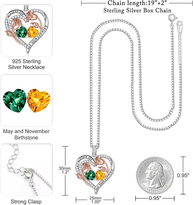 Iefil Birthstone Necklace for Women - 925 Sterling Silver Rose Heart Birthstone Necklace Birthday Anniversary Jewelry Gifts for Her Wife Mom Daughter