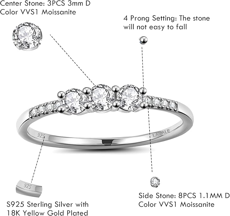 LAVALE Round Cut Moissanite Wedding Band for Women, Brilliant D Color VVS1 Clarity Classic Lab Created Diamond Solitaire Ring 18K White Yellow Rose Gold Vermeil 4 Claw Knife Edge Moissanite Rings