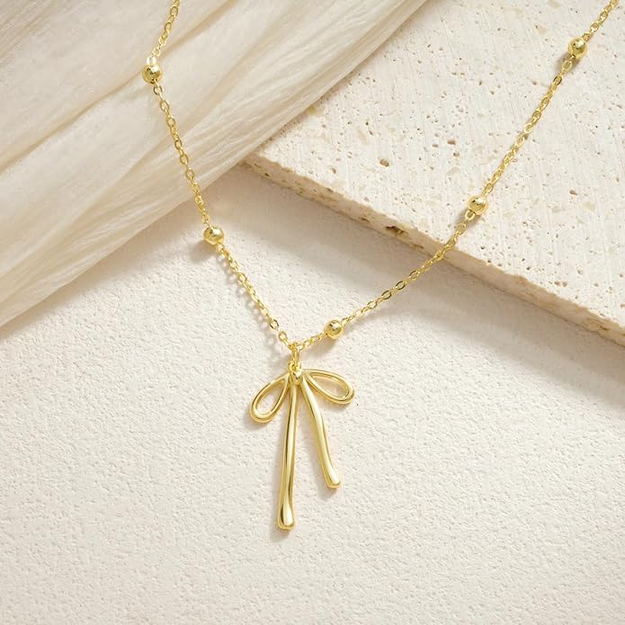 Gold Necklace for Women Dainty Bow Necklace 14K Gold Plated Cute Choker Necklace Small Bow Pendant Charm Necklaces Teen Gift Trendy Stuff Personalized Jewelry Gifts
