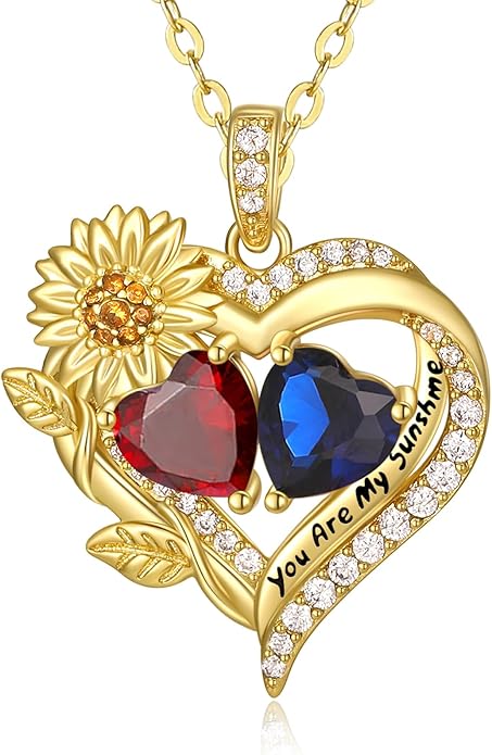 Sunflower Heart Necklace for Women 14K Gold Exquisite Anniversary Birthday Gifts for Wife Mother Her Double Birthstone Pendant jewelry‘You Are My Sunshine’