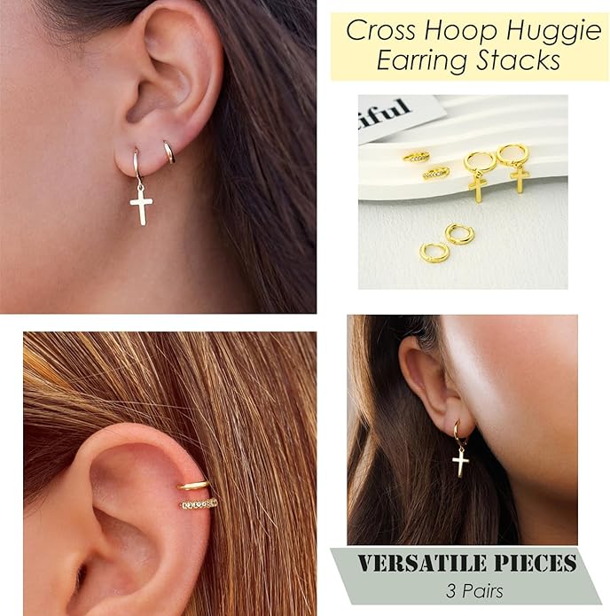 Gold Hoop Earrings Set for Women 14K Gold Silver Plated Huggie Earring Pack Multiple Piercing Dainty Cartilage Earring Hypoallergenic Trendy Cubic Zirconia CZ Earring Stack Jewelry Gifts