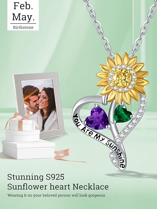 Zeuslia Double Birthstone Necklace Gifts for Wife - 925 Sterling Silver Sunflower/Rose/Crown Cross/Compass/Heart Pendant I Love You Necklace, Anniversary Birthday Gifts for Wife Girlfriend Mom Her