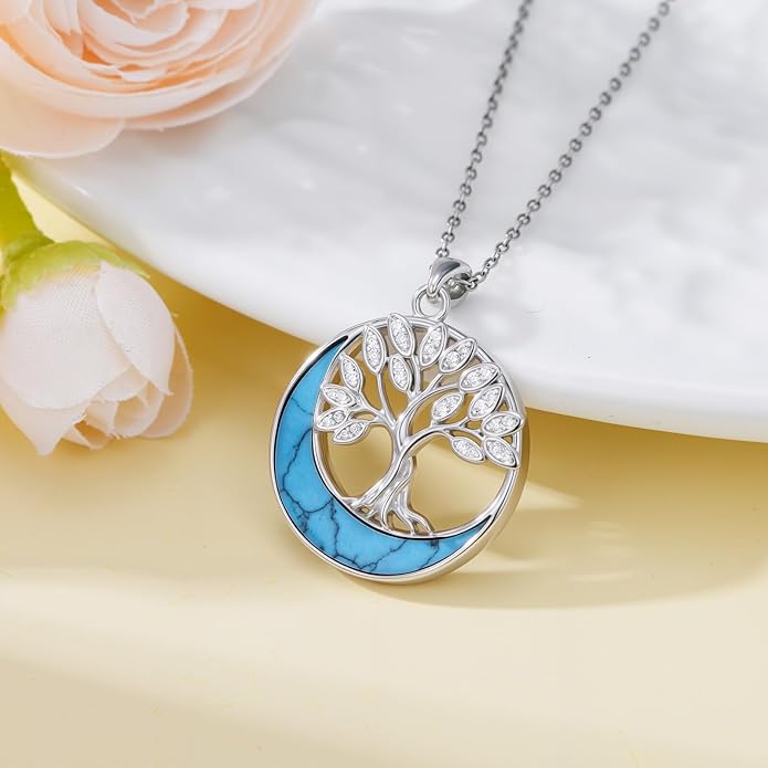 SELKAT 925 Sterling Silver Turquoise Moon Pendant Necklace for Women, Snake/Flower/Bow/Tree of Life/Star Moon Necklace, Dainty Jewelry for Daily Wear & Gifts