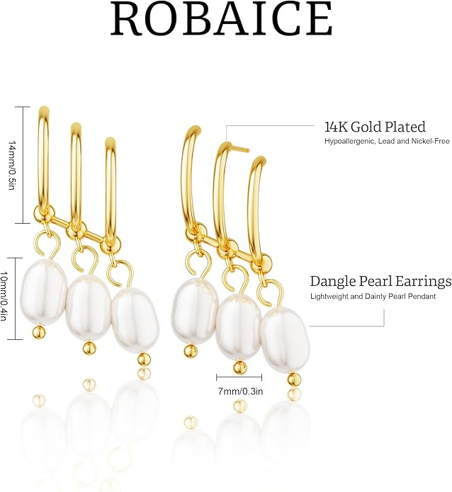 14K Gold Plated Pearl Dangle Earrings for Women, Small Pearl Drop Huggie Hoop Earrings, Hypoallergenic Dainty Gold Wedding Earrings Jewelry Gifts for Women Trendy