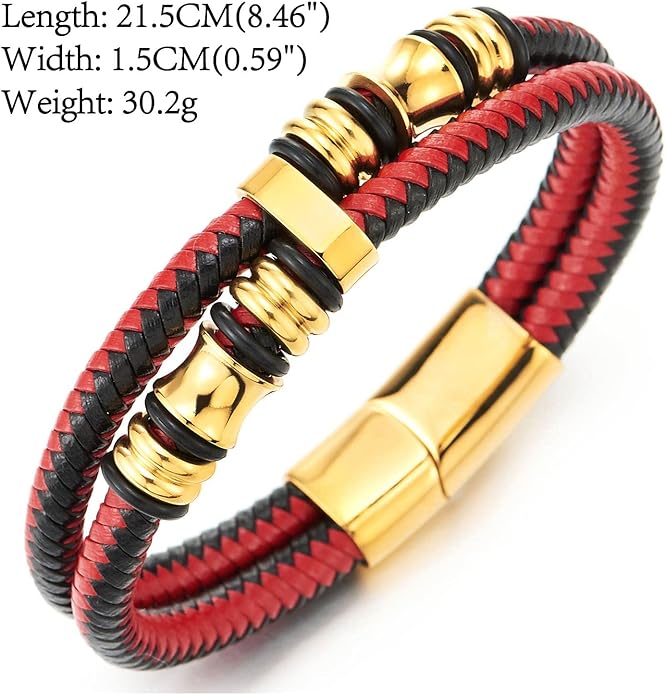 COOLSTEELANDBEYOND Mens Double-Row Braided Leather Bracelet Bangle Wristband with Stainless Steel Ornaments