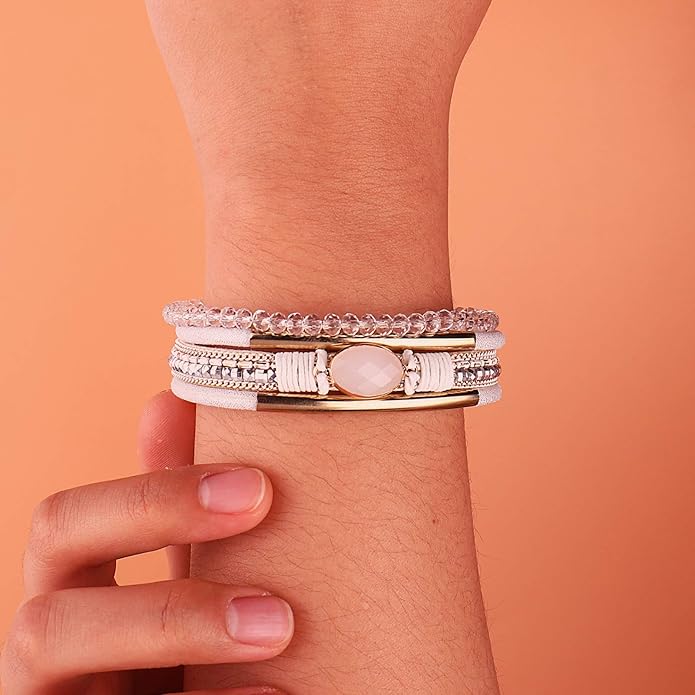 FANCY SHINY Leather Wrap Bracelets Crystal Beads Bracelet Boho Cuff Stone Charm Bracelets with Clasp Costume Jewelry for Women