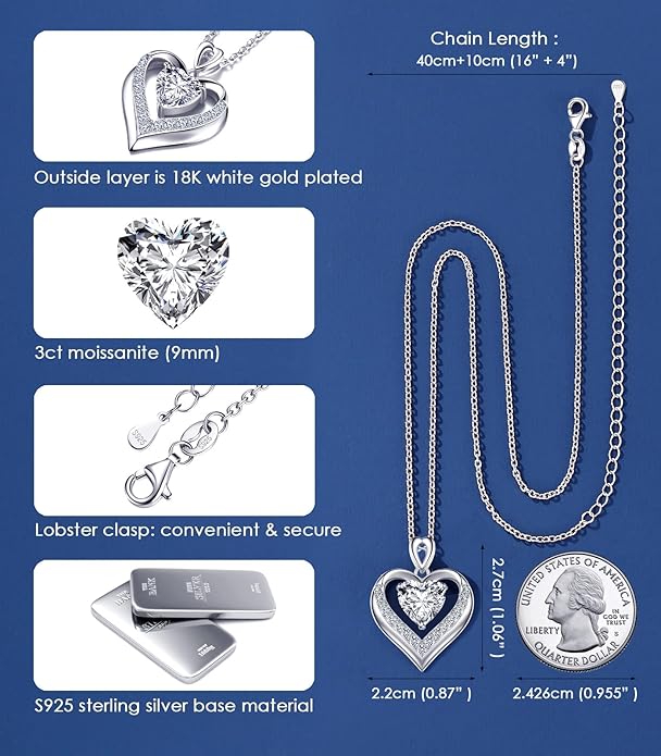 Beam & Bask 2-3 Ct Moissanite Double Heart Pendant Necklaces for Wife, 18K Gold Plated S925 Silver Jewelry for Women Girlfriend Mom Her on Anniversary Birthday