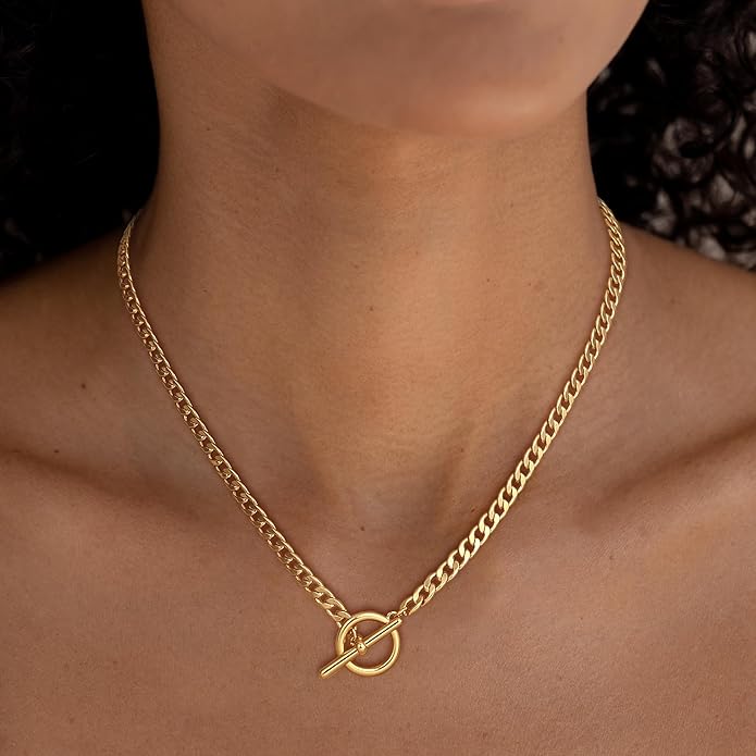 Gold Plated Necklaces for Women - Dainty Layered 14K Gold Plated Stack Paperclip Rope Cuban Toggle Link Chain Choker Necklace Set Chunky Trendy Jewelry Gift
