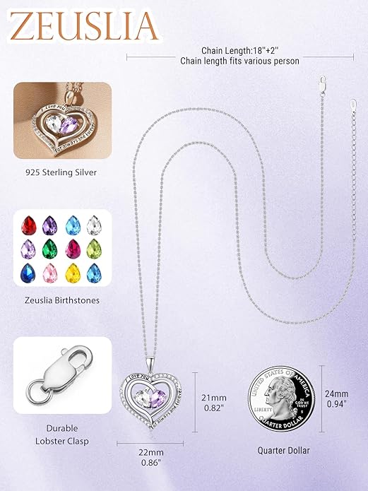 Zeuslia Double Birthstone Necklace Gifts for Wife - 925 Sterling Silver Sunflower/Rose/Crown Cross/Compass/Heart Pendant I Love You Necklace, Anniversary Birthday Gifts for Wife Girlfriend Mom Her
