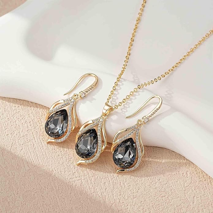 EVEVIC Austrian Crystals Teardrop Hollow Twisted Pendant Necklace Earrings for Women 14K Gold Plated Halo Drop Dangle Earrings Hypoallergenic Jewelry Set