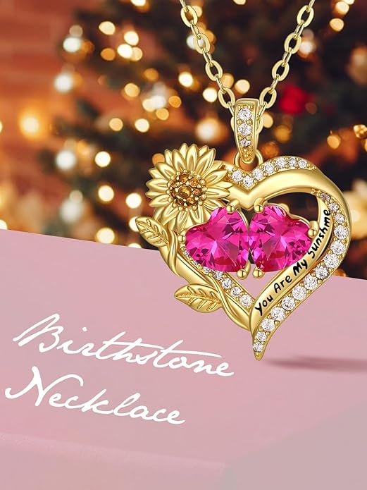 Sunflower Heart Necklace for Women 14K Gold Exquisite Anniversary Birthday Gifts for Wife Mother Her Double Birthstone Pendant jewelry‘You Are My Sunshine’