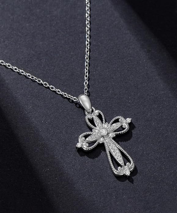 1/66 Carat Diamond Vintage Cross Necklace for Women 925 Sterling Silver 18K White Gold Plated Religious Faith Pendant Fine Jewelry