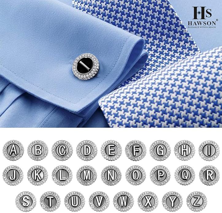 HAWSON A-Z Initial Cufflinks for Men and Women with Clear Crystal, Gold Silver Color Rasied Letter A-Z Cuff Links for French Shirt, Gift for Normal and Business Wearing