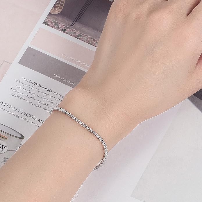 H&Beautimer Solid 925 Sterling Silver - Classic Men's 3MM Box Chain Bracelet - Original Silver Party Jewelry Bracelet 6.3-6.7-7-7.5-8-8.5-9'' - Handmade in Italy