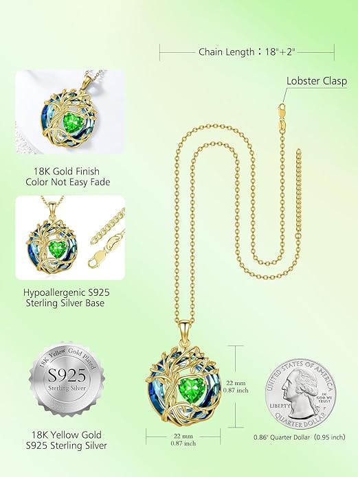 TOUPOP Christmas Gifts Tree of Life Birthstone Necklace 925 Sterling Silver Pendant Austrian Crystal Jewelry Anniversary Birthday Gifts for Women Mom Her Wife