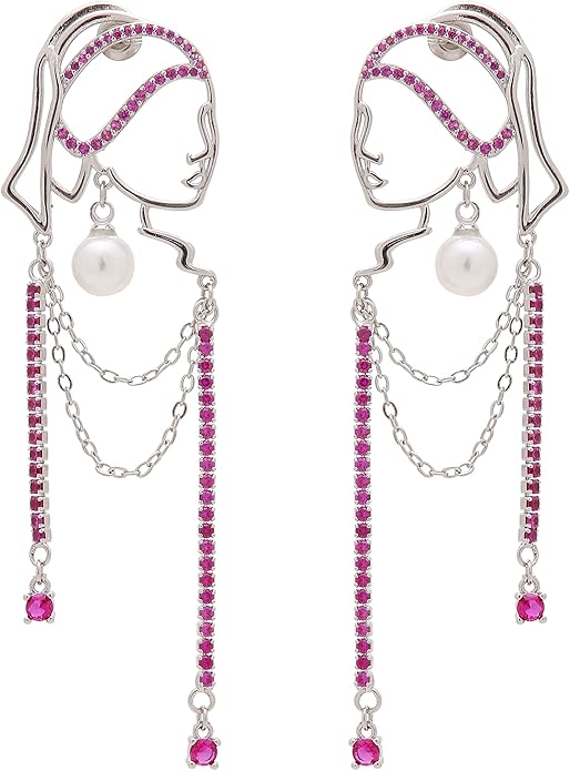 Unique Abstract Face Art | Dangle Statement Long Earrings for Women | Rhinestone Tassel Handmade Chandelier Earrings
