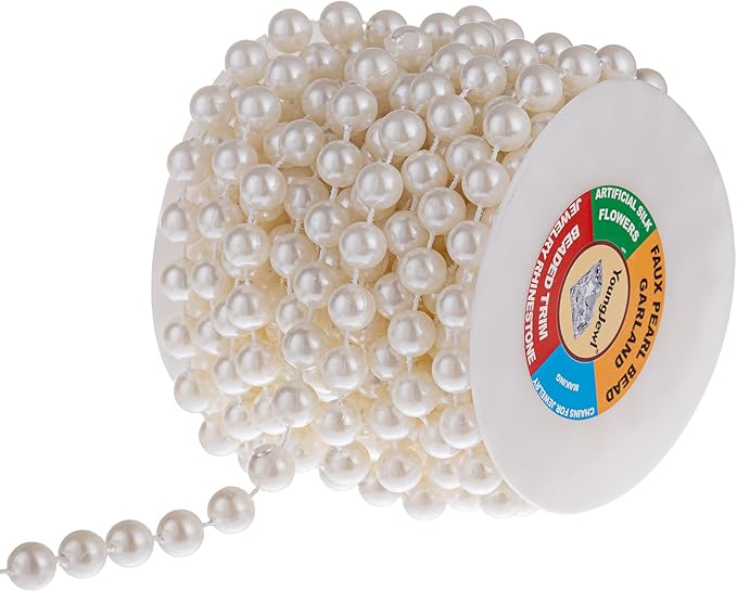 YoungJewl 10mm Pearl Strands,9 Yds of Lvory Fake Beads Garland Spool Roll with Stringed Pearls for Crafting,Wedding Party,Christmas Tree Decoration.