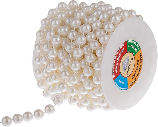 YoungJewl 10mm Pearl Strands,9 Yds of Lvory Fake Beads Garland Spool Roll with Stringed Pearls for Crafting,Wedding Party,Christmas Tree Decoration.