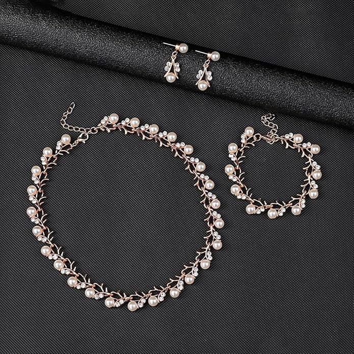Rrdaily Rhinestone Pearl Wedding Jewelry Set for Bride Bridesmaid Bohemia Adjustable Beaded Crystal Bracelet Necklace Exaggerated Pearl Earring Set for Women