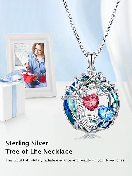 TOUPOP s925 Sterling Silver Family Celtic Tree of Life Pendant Necklaces with 2 Heart Birthstone with Blue Austrian Crystal Jewelry Birthday Anniversary Christmas Gifts for Her Wife Girlfriend Mom (18K Real White Gold Filled)