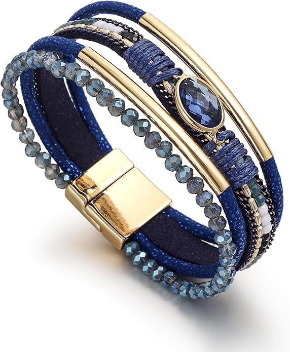 Edoneery Leather Wrap Bracelet for Women, Boho Handmade Multi-Layer Cuff with Crystal Beads Heart, Stackable Bangle Western Jewelry Gift