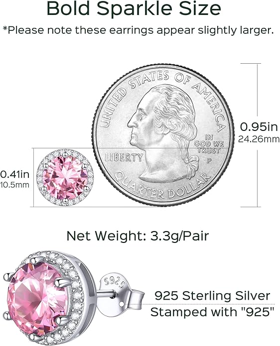 ChicSilver 925 Sterling Silver Birthstone Earrings for Women, 8MM/2 Carat Heart & Round Cubic Zirconia Stud Earrings, Hypoallergenic Jewelry, Ideal Birthday or Christmas Gifts
