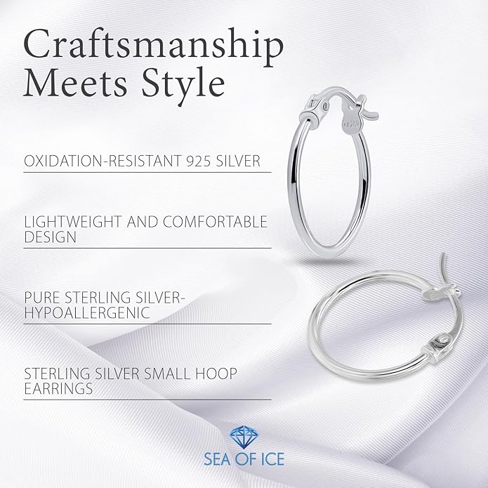 SEA OF ICE 925 Sterling Silver Hoop Earrings for Women - Hypoallergenic Earrings for Women in Sterling Silver, Yellow Gold, Rose Gold or Black Rhodium | Sizes 12MM, 15MM, 20MM or Multipack
