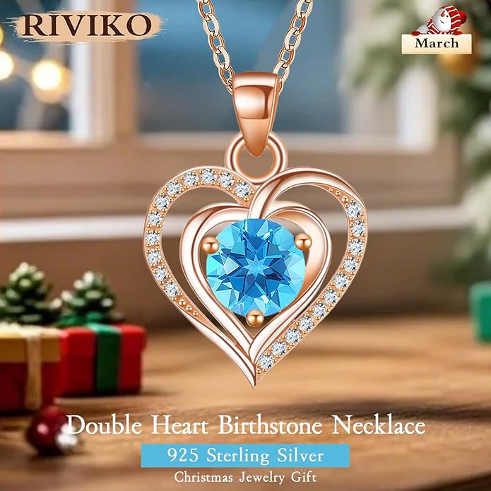 RIVIKO Heart Birthstone Pendant Necklace for Women 925 Sterling Silver Zirconia Necklaces Wedding Anniversary Birthday Mothers Day Jewelry Gifts For Her Mother Wife