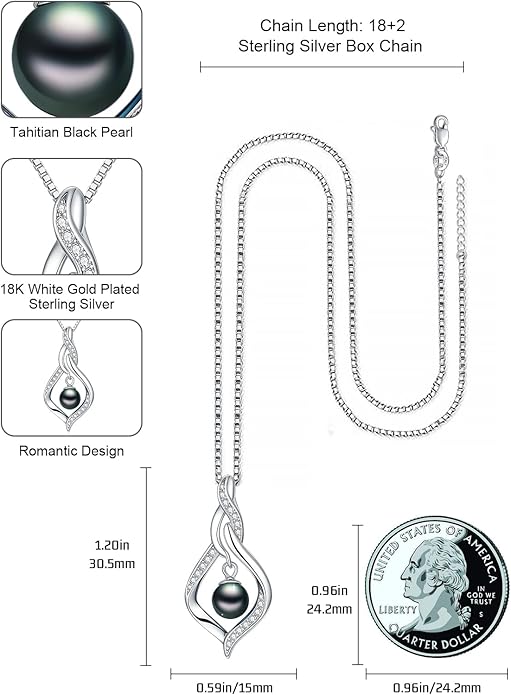 KANNSOAR Tahitian Black Pearl AAAA 18K Gold Plated Sterling Silver Pendant Necklace for Women Wife Mom Girlfriend Valentine Her Jewelry Gift for Anniversary Birthday Christmas