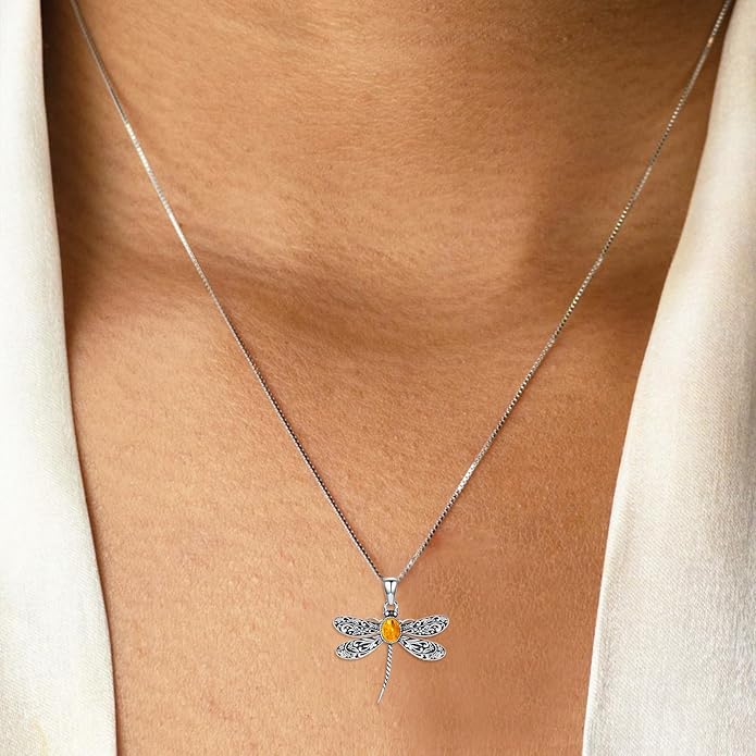 Vintage Dragonfly Necklace, 925 Sterling Silver Natural Amber Pendant, Boho Jewelry Unique Gift for Women