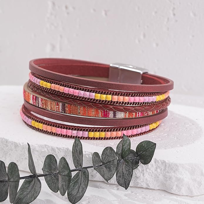 FANCY SHINY Boho Leather Wrap Bracelets Trendy Layered Bracelets with Magnetic Clasp Strackable Bohemian Jewelry Gifts for Women