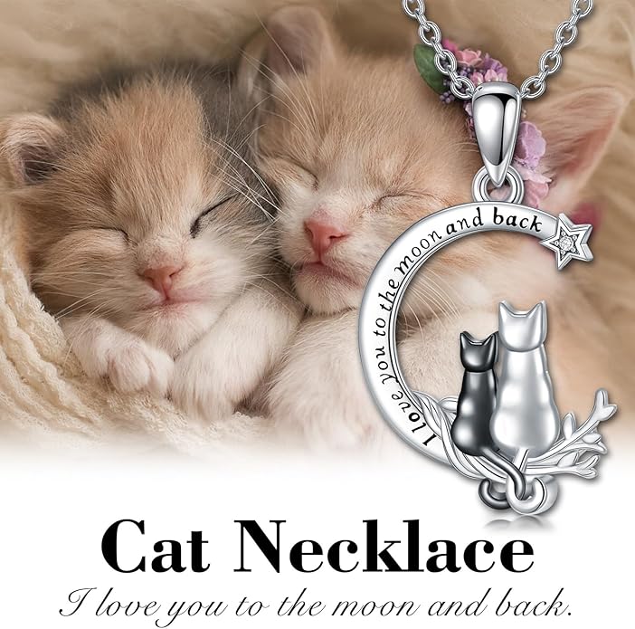 Cat Gifts for Women 925 Sterling Silver Heart Moon Cat Necklace Pendant Women Jewelry Halloween Christmas Gifts
