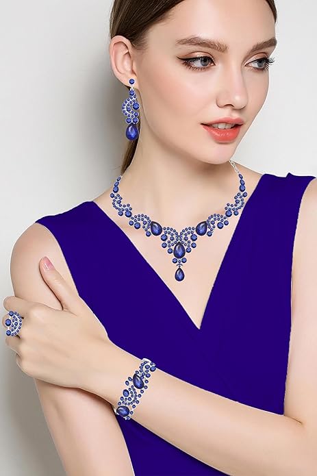 Paxuan Crystal Bridal Wedding Jewelry Sets for Women Rhinestone Teardrop Crystal Statement Choker Necklace Drop Earrings Link Bracelets Rings Teardrop Jewelry Set for Brides Bridesmaids