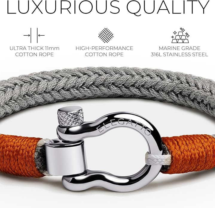 Elegatto Orion Premium Rope Bracelet for Men | Natural Cotton Finish and Sterling Silver Polished Stainless Steel Horseshoe Shackle Closure | Men’s Designer Bracelets