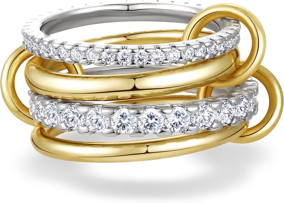 Gold Stackable Rings for Women, Non Tarnish 14K Gold Plated Cubic Zirconia Mixed Metals Stacking Connected Rings Set Jewelry Gifts