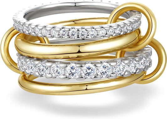 Gold Stackable Rings for Women, Non Tarnish 14K Gold Plated Cubic Zirconia Mixed Metals Stacking Connected Rings Set Jewelry Gifts
