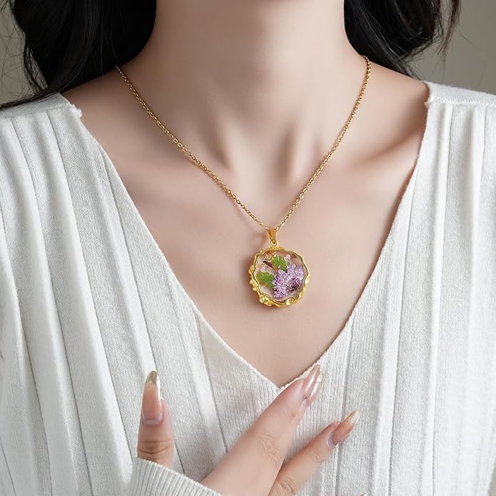 Birth Flower Necklaces for Women,1-12 Month Real Pressed Flower Necklace,Boho-Style Personalized Jewelry, Handmade Floral Pendant,Thoughtful Gift for Christmas,Birthday|18"